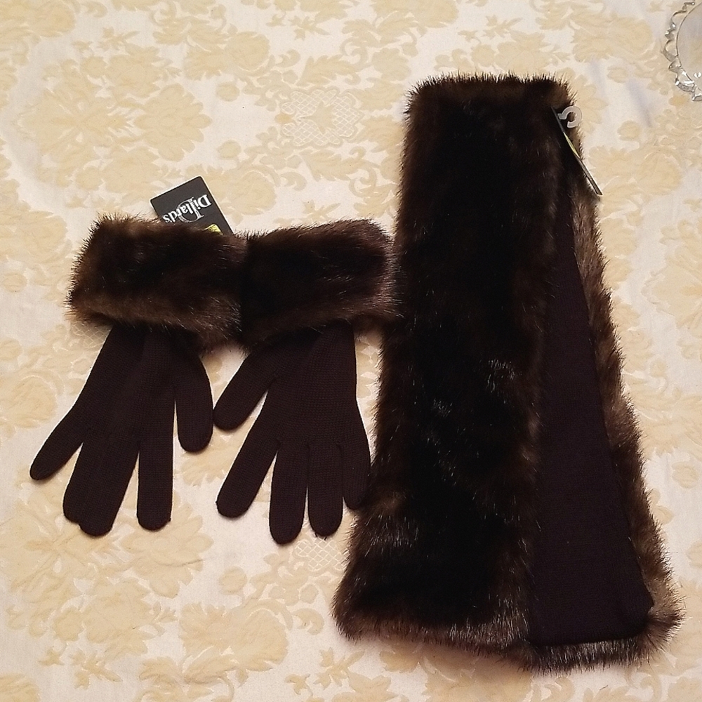 Dillards Brown Faux Fur Scarf with Matching Brown Faux Fur Gloves